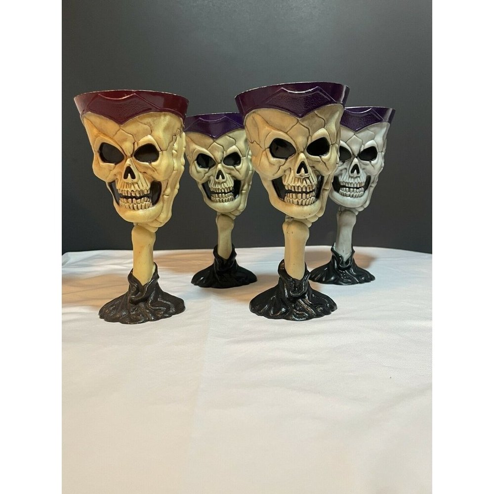 Halloween or Ritual Plastic Wine Goblets Skull on Skeleton Hand Lot of 4 Cups